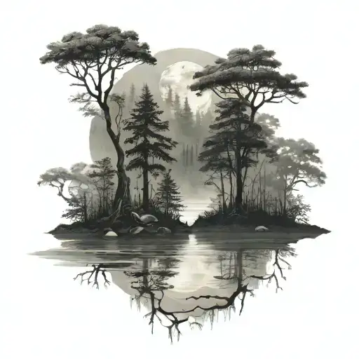 Foggy Forrest With Lake An Small Islands N Moon