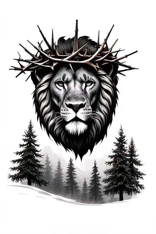 Lion Head With Crown Of Thorns And Pine Trees In The Background