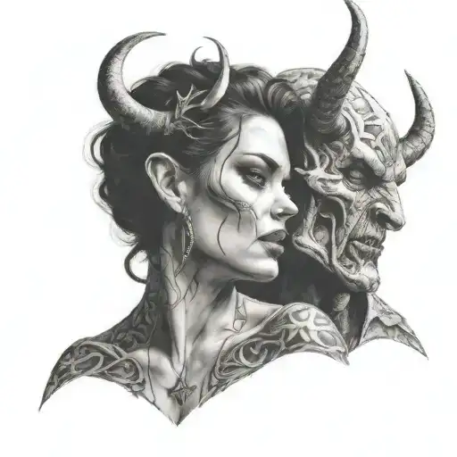 Angelface Woman Kissing A Devil Man With Horns Wrapped Pentagram Circle