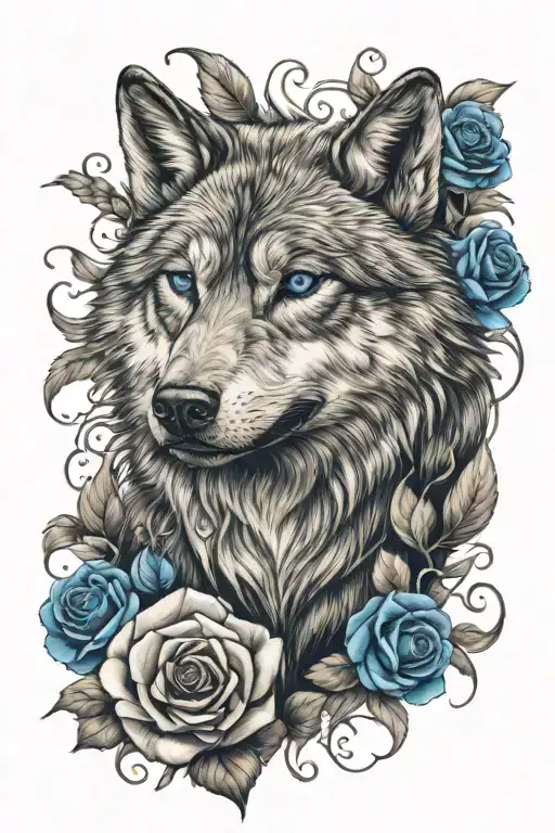 Wolf With Blue Eyes And Blue Rose Beneath Him