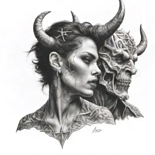 Angelface Woman Kissing A Devil Man With Horns Wrapped And A Pentagram Circle Around