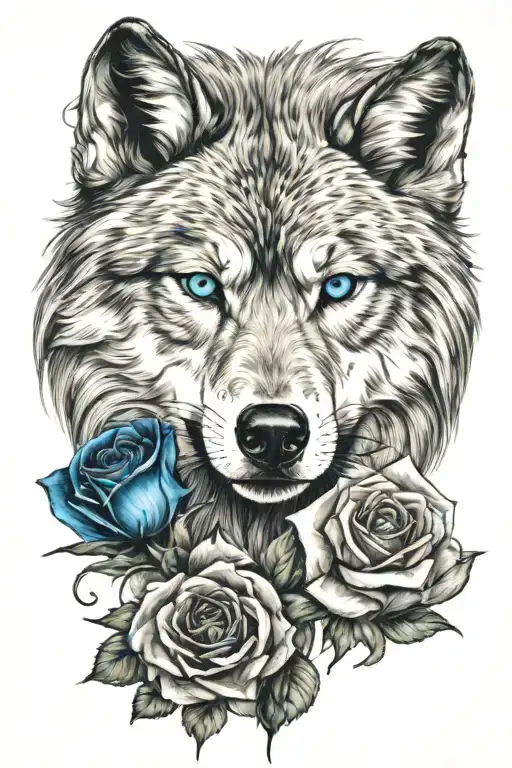 Wolf With Blue Eyes And Blue Rose Blooming