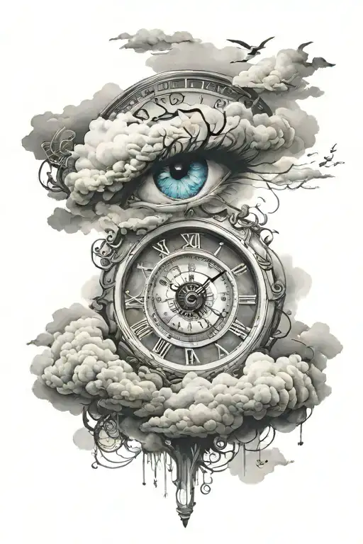Clock With An Eye Inside Surrounded By Clouds Surrounding