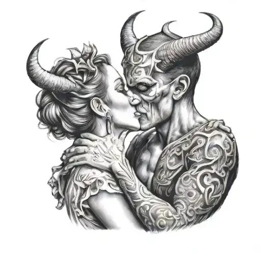 Angelface Woman Kissing A Devil Man With Horns Black Back Ground