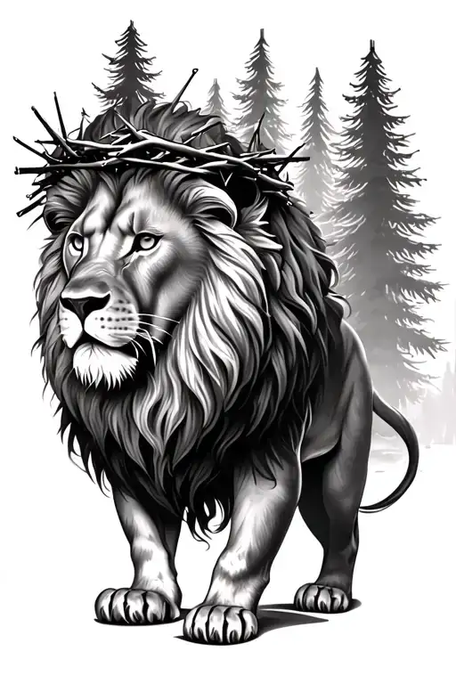 Lion With Crown Of Thorns And Pine Trees In The Background