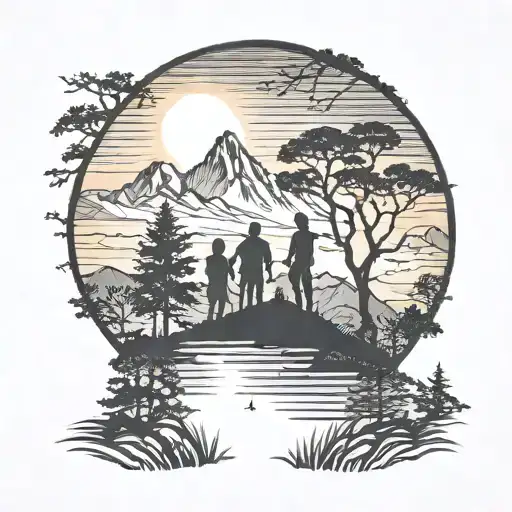 Silhouette Family Landscape Mountain Sunset