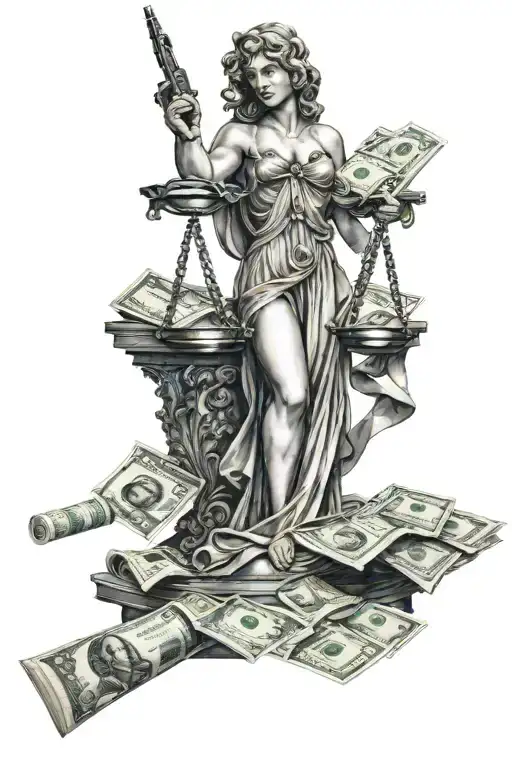 Lady Justice Holding A Gun With A Dollar Bill Covering Her Mouth