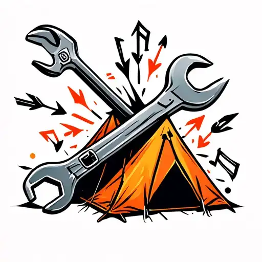 A Mechanic's Wrench Morphing Into A Camping Tent With Arrows Shooting Out Like Music Notes