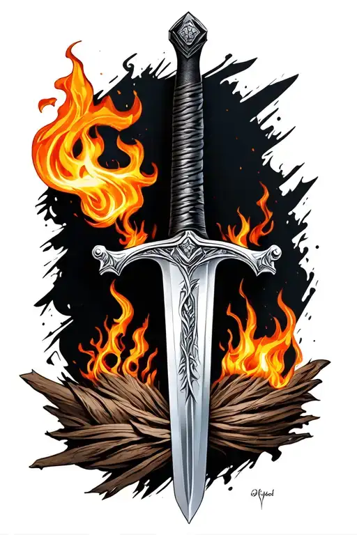 Sword With Small Flame On Base Of Hilt