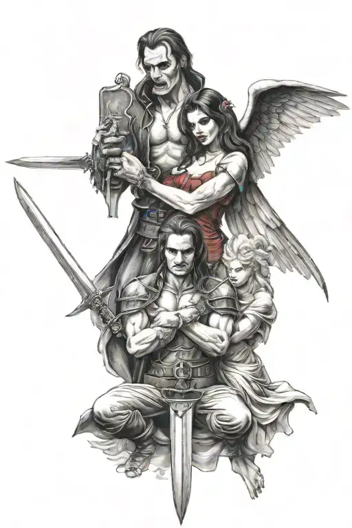 Vampire And Angel Holding A Sword