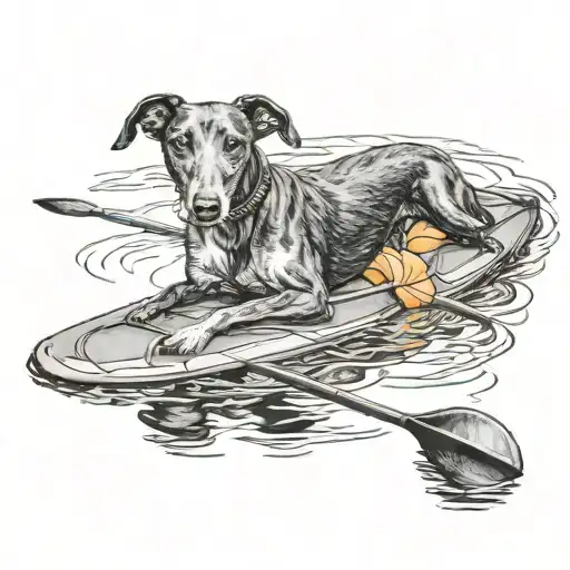 Black Greyhound Kayaking In Orange Kayak Floating On A Calm