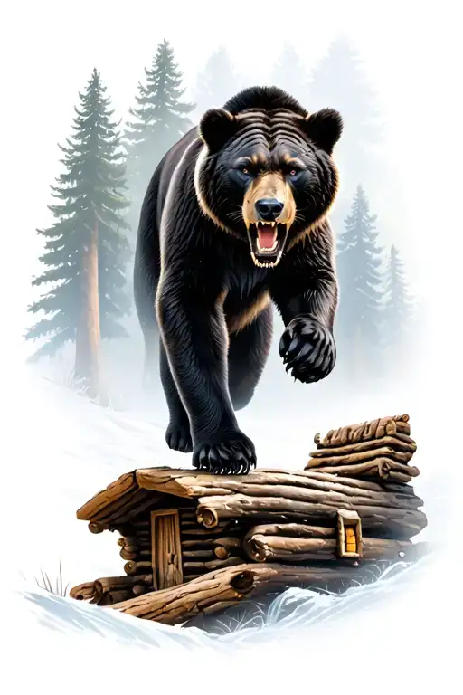 Bear Roaring With A Black Panther Walking On Log Cabin Nestled