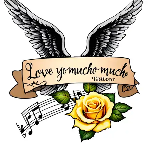Memorial Tattoo With Saying Love You Mucho Mucho With Music Note Yellow Rose And Angel Wings