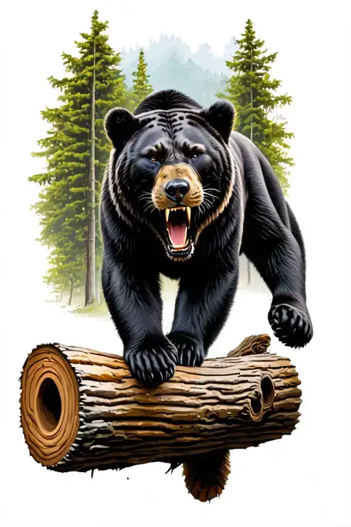 Bear Roaring With A Black Panther Walking On Log