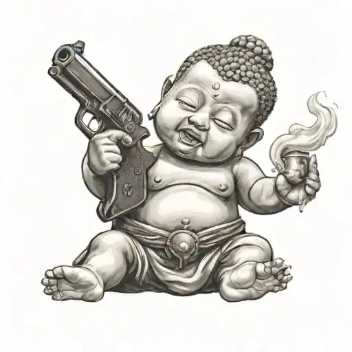Evil Baby Buddha With An Evil Face Holding A Pistol With Smoke Coming Out Of The Barrel