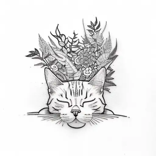 A Minimalist Tattoo Of A Sleeping Cat Surrounded By Plants And Flowers