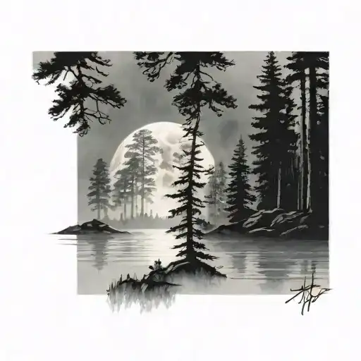 Fog And Pine Trees On Lake With Moon