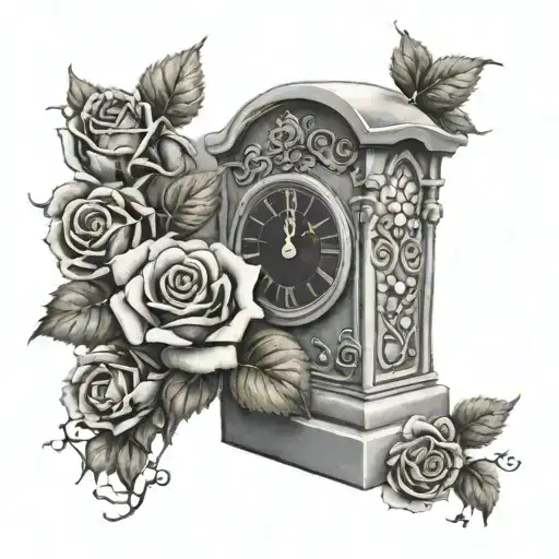 Gravestone With A Clock And Praying Hands And Roses Growing