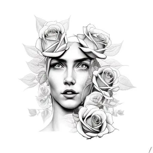 Portrait Of Beautiful Woman With Roses Growing From Her Face