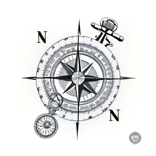 Compass And Pocket Watch Together With Arrow