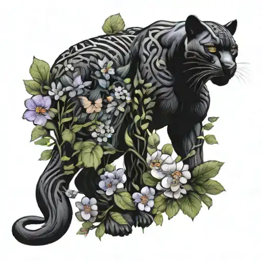 Black Panther Stalking Through A Garden Of Kaws Flowers With Butterflies Trailing Behind