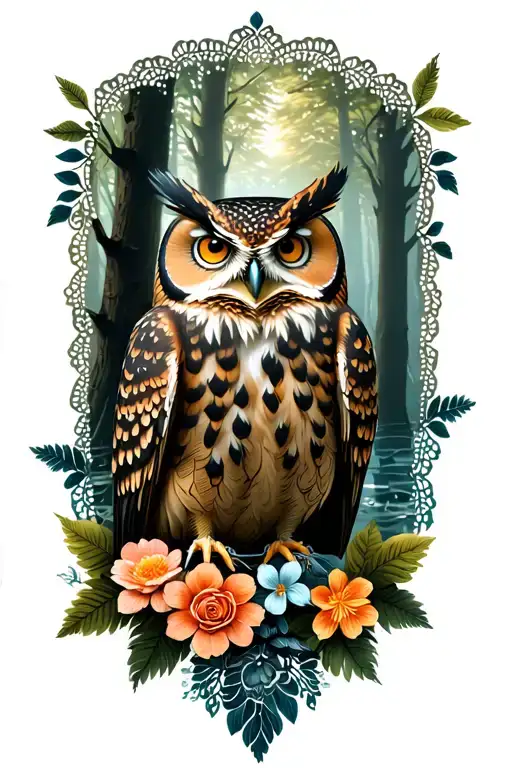 Floral Lace With Owl In Forest Scene