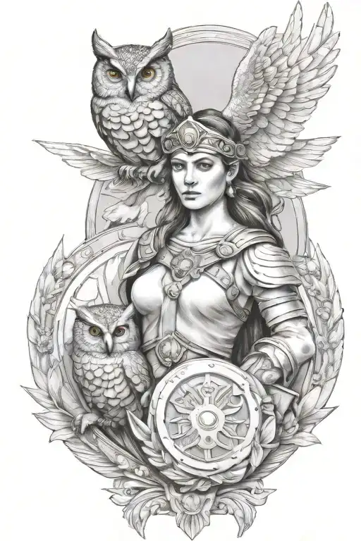 Athena In War Clothes And Her Shield With An Owl On Her Shoulder