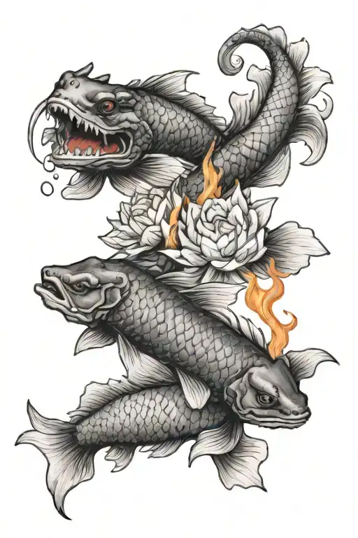 Yin Yang Koi Fish And Dragon Breathing Fire