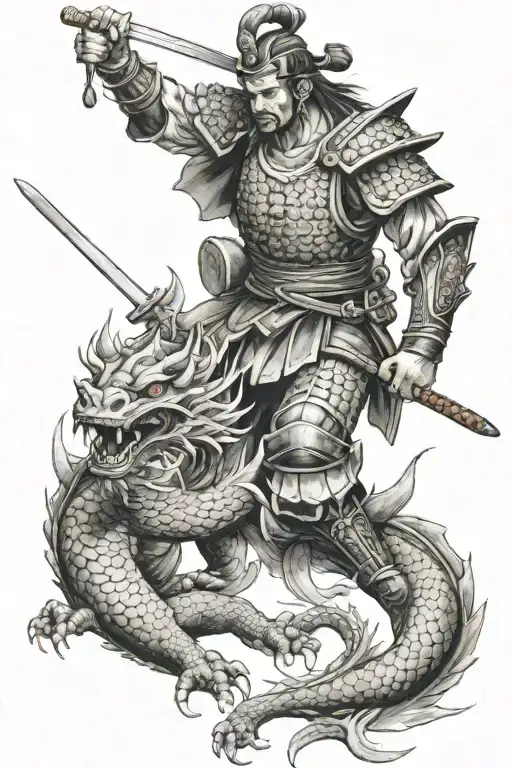 Samurai Warrior Fighting A Dragon