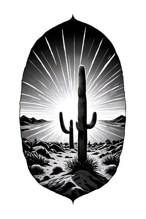 Sun Rays Rising Desert Landscape With One Cactus