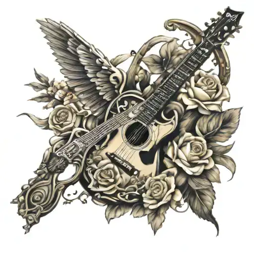 A Winged Guitar With Flowers And Swords