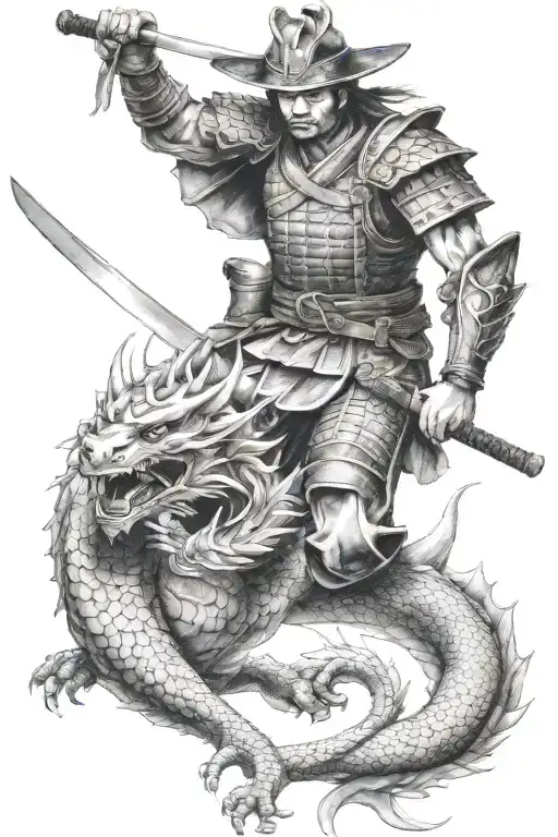Samurai Warrior Fighting A Dragon