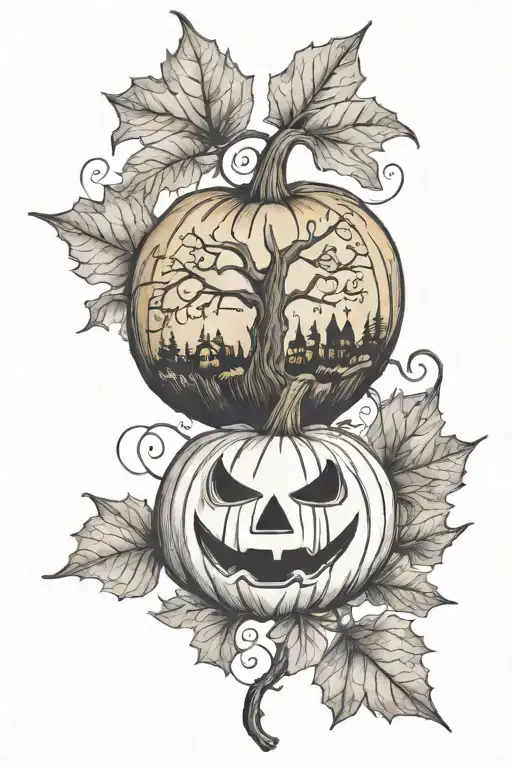 Halloween Pumpkin And Fall Leaves And Trees