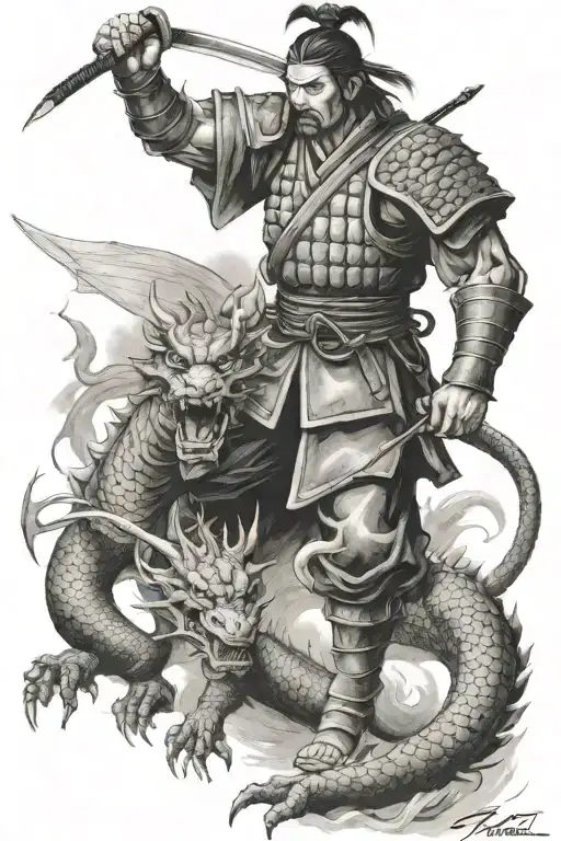 Samurai Warrior Fighting A Dragon