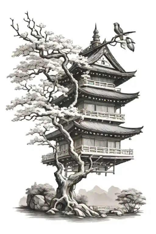 Tattoo Of A Multi-story Japanese Temple With A Japanese Cherry Tree Branch In The Foreground