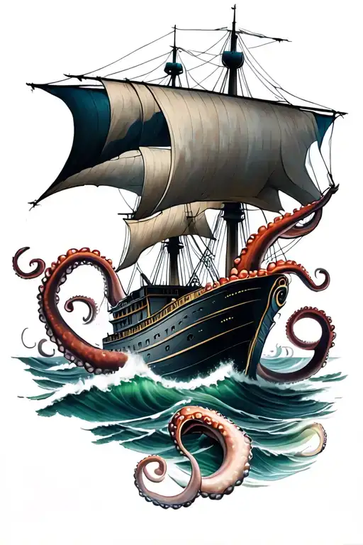 Ship Sailing Through Stormy Seas And Octopus Under The Ship In The Ocean