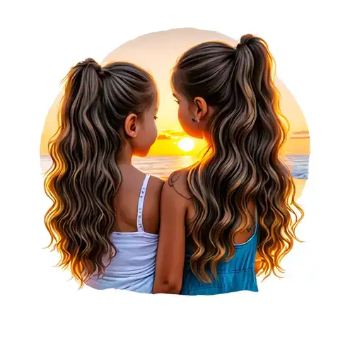 Mom Long Hair And Daughter With 2 Ponytail Hair Looking At The Sunset Scene