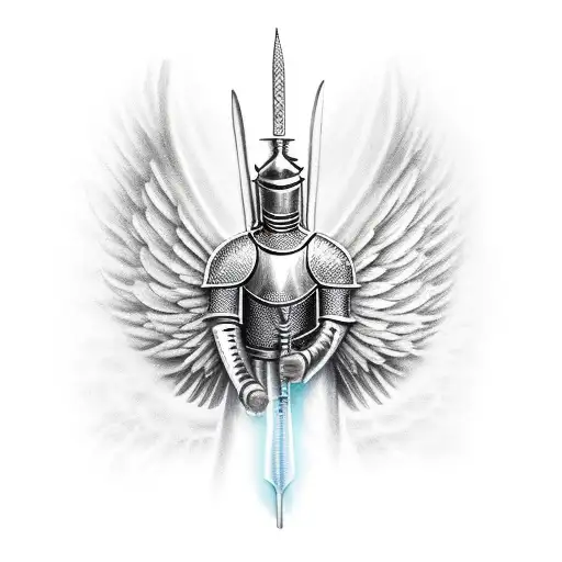 Knight With Angel Wings Holding A Flaming Sword