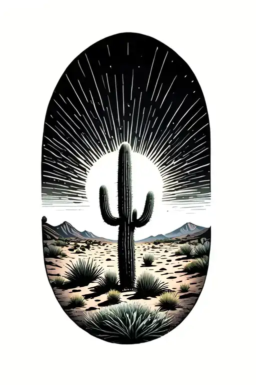 Sun Rays Horizon Behind A Desert Landscape With One Cactus