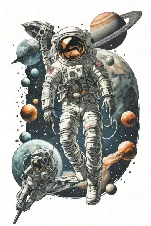 Astronaut With A Rocket In Outer Space Against The Backdrop Of Many Planets
