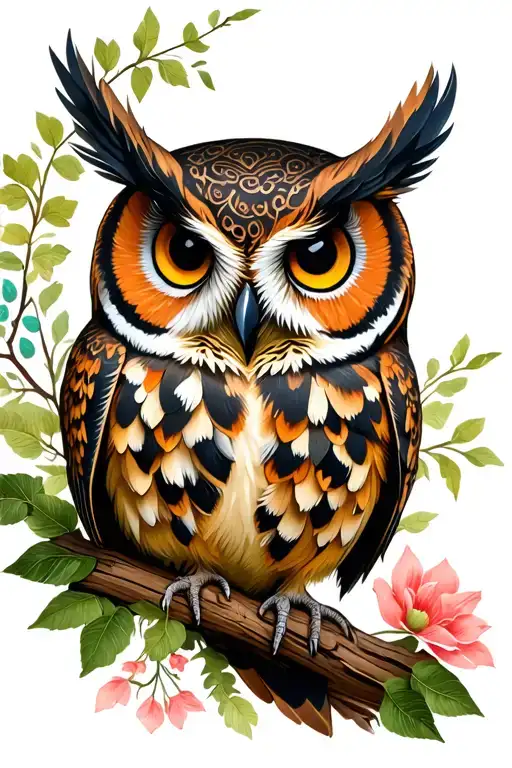 Cute Owl In Forest Scene With Floral Lace Accents