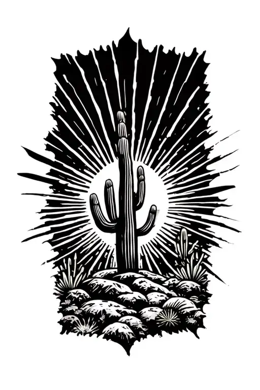 Sun Rays Horizon Behind A Desert Landscape With One Cactus