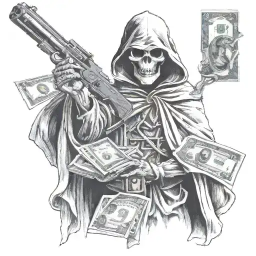 Grim Reaper Holding Money And Gun