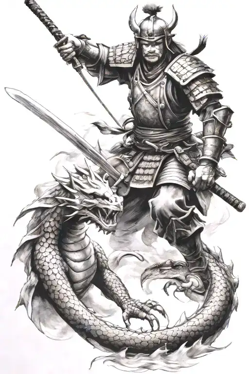 Samurai Warrior Fighting A Dragon