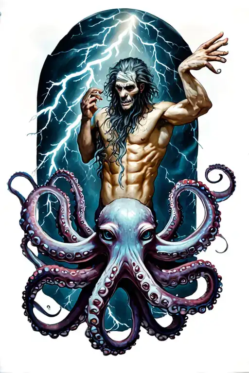 Zues And Lightning And A Octopus Under Him