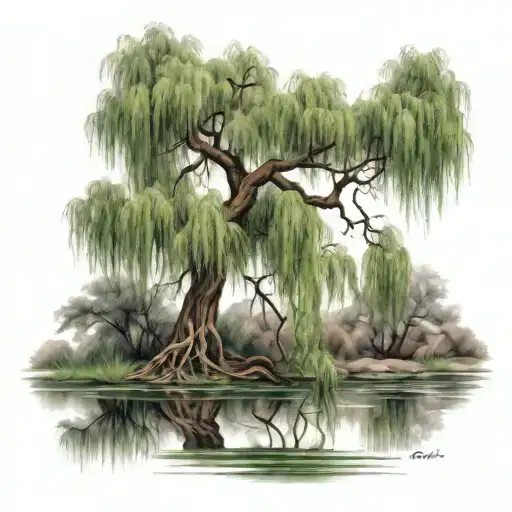 Willow Tree By The Paco River With Lily Flowers