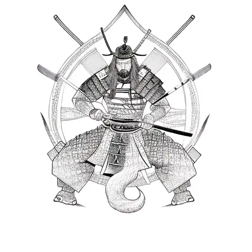 A Samurai Warrior Battling A Mythical Creature