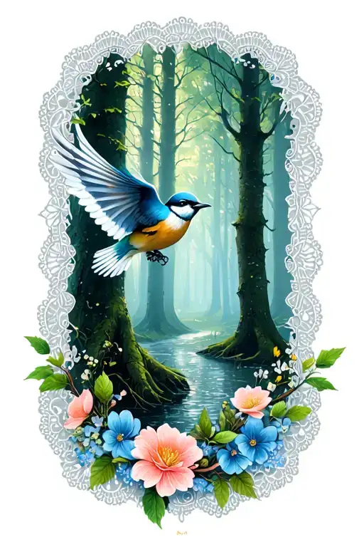 Floral Lace With Cute Bird Flying In Forest Scene