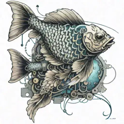 An Intricate Koi Fish Swimming Among Computer Circuitry