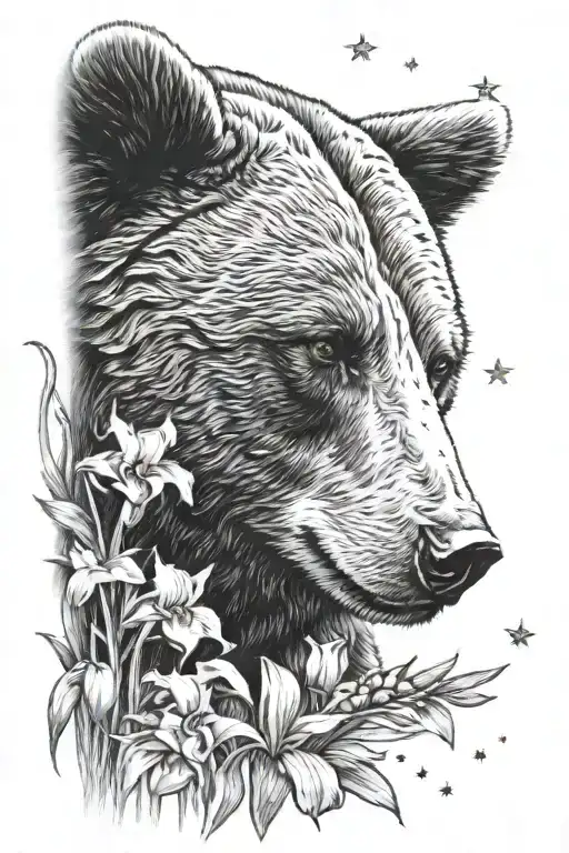 Bear Profile Looking At Moon With Iris Flowers And Stars